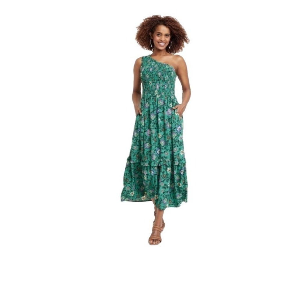 Knox Rose Sleeveless One Shoulder A-Line Midi Maxi Dress Green Floral XXL Rayon